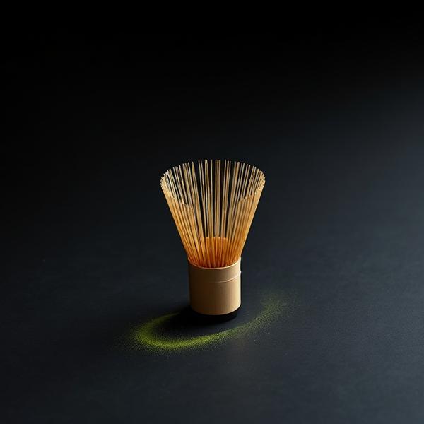Bamboo matcha whisk on a dark surface with matcha powder