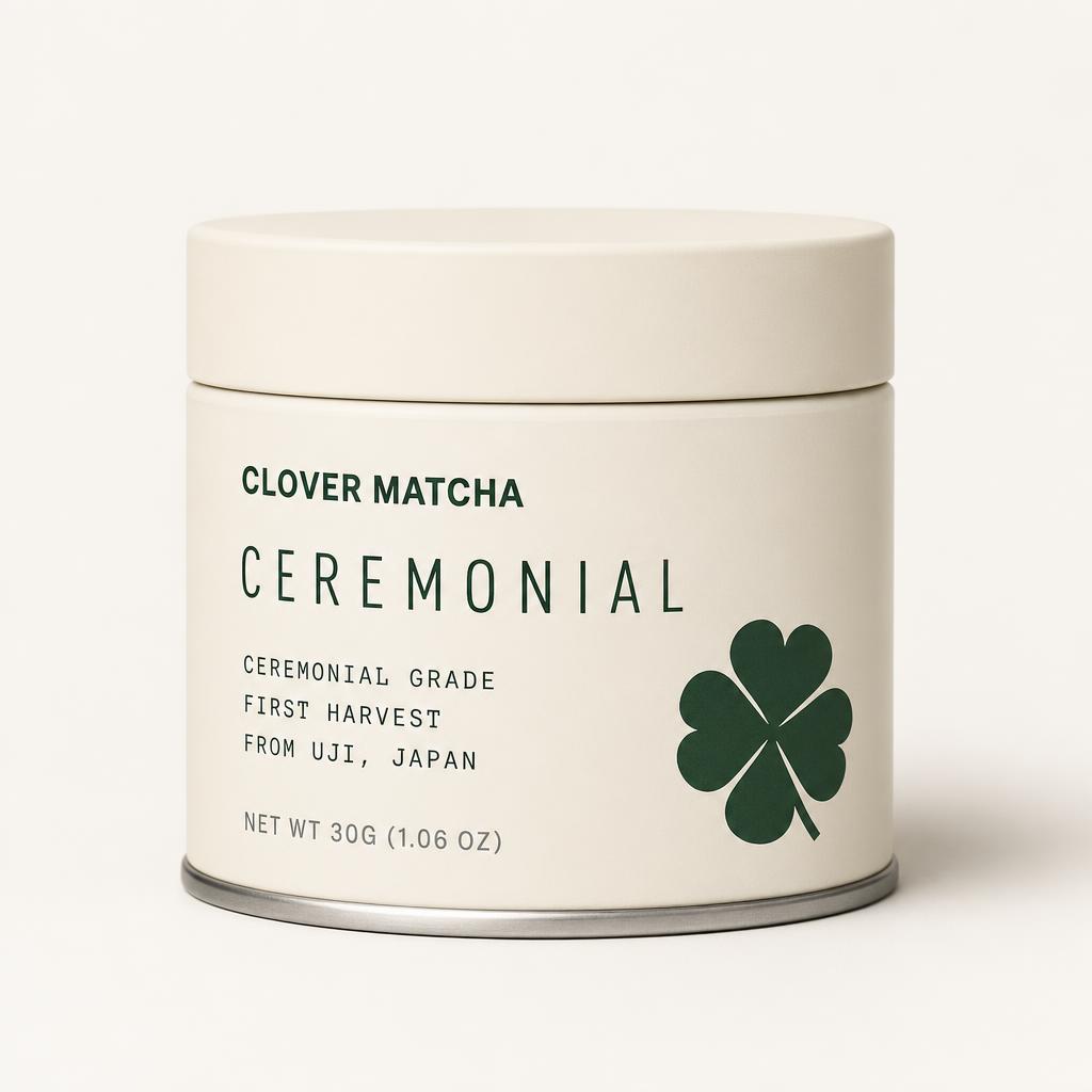 Cream Clover Matcha ceremonial grade tin with deep green type and clover mark