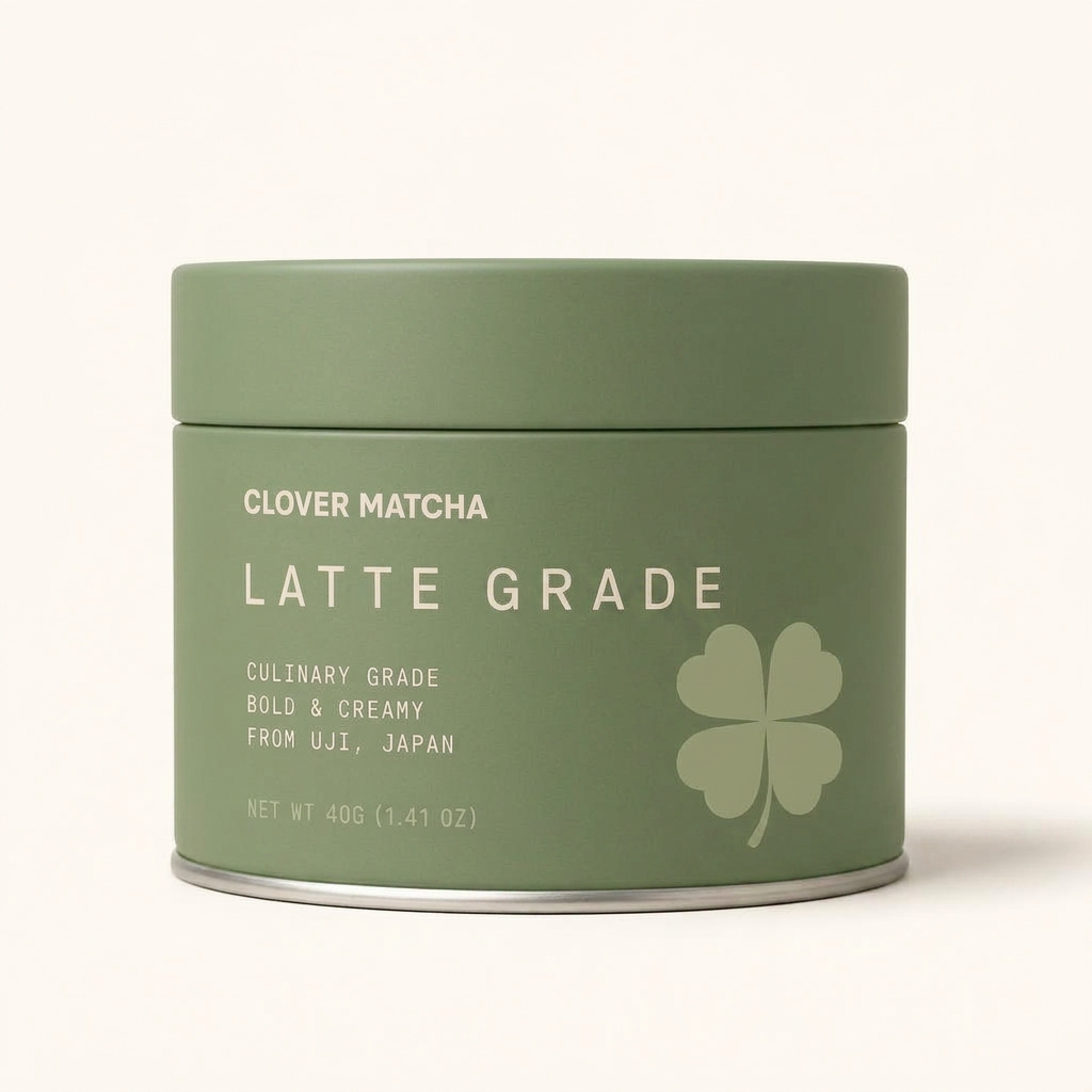 Deep green Clover Matcha latte grade tin with cream type and sage clover mark